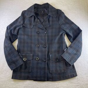 Large Forever 21 Peacoat Navy Tartan Plaid Pea Coat Double Breasted